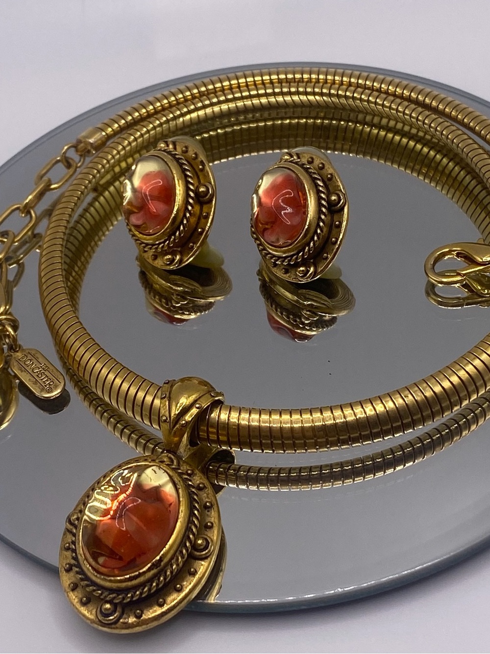 Rare VTG Signed Doncaster Peach Pink & Clear Givre Cabochon Necklace Earring Set